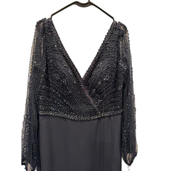 Adrianna Papell 40398 Bishop Sleeve Beaded Bodice Dress, Navy, 16, MOB, Preowned - Picture 3 of 14